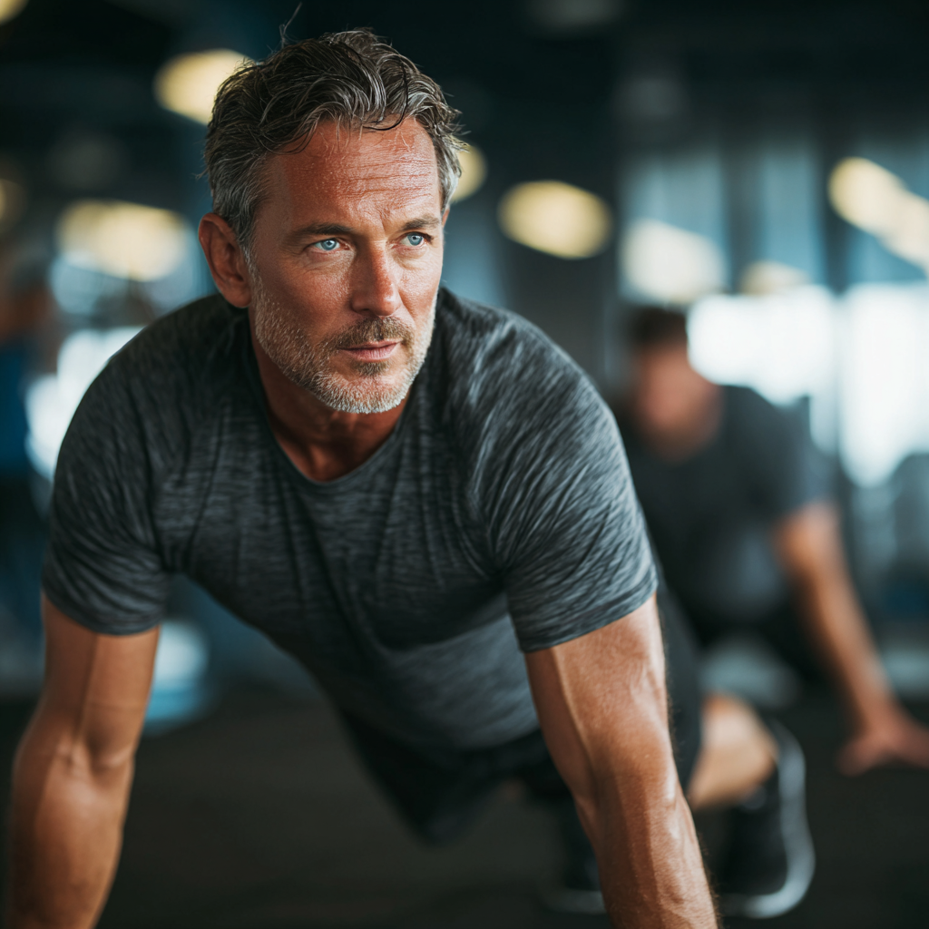 confident middle-aged man demonstrating proper exercise form in modern fitness environment