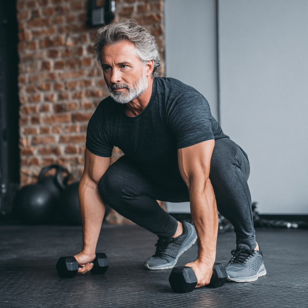 mature professional man practicing functional movement exercises